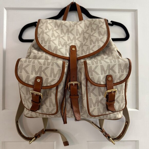 Michael Kors Monogram Canvas Backpack With Leather Trim & Gold Accents - Picture 1 of 12